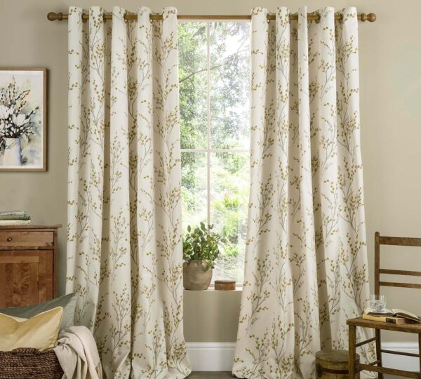 Pussy Willow Ochre Lined Eyelet Curtains
